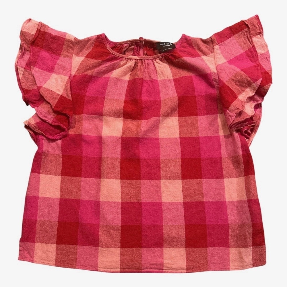 Kate Spade Picnic Woven Flutter Sleeve Pink Plaid Size S Linen Blend Peep Hole